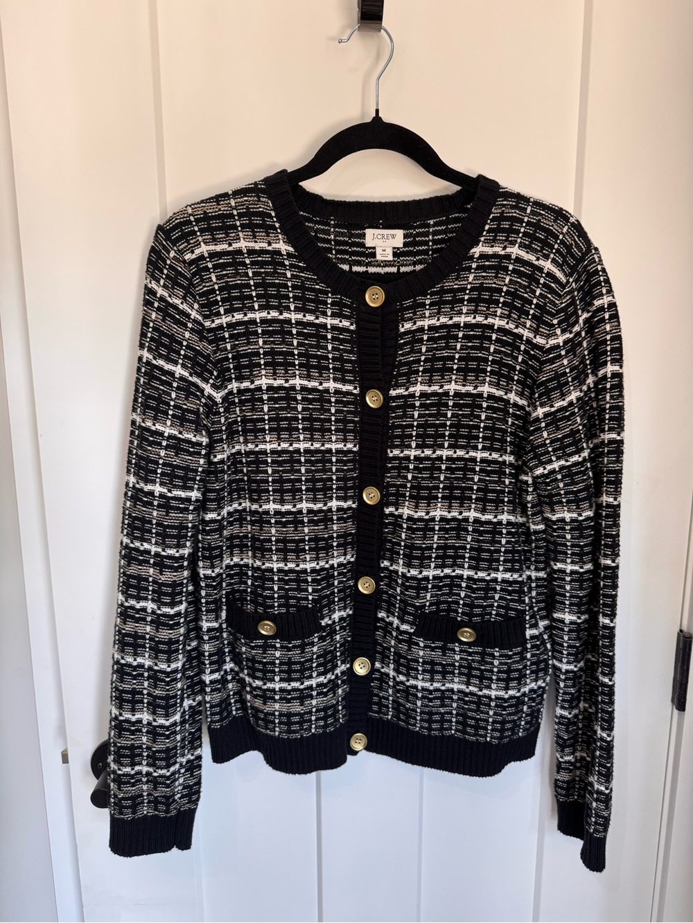 J. Crew Black and White Plaid Knit Cardigan with Gold Buttons